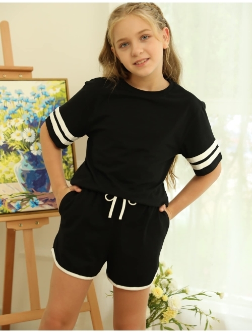 Simtuor Girls Shorts Set Short Sleeve Striped Tops and Shorts with Pockets 2 Pcs Outfits Summer Sport Tracksuits 6-15 Years