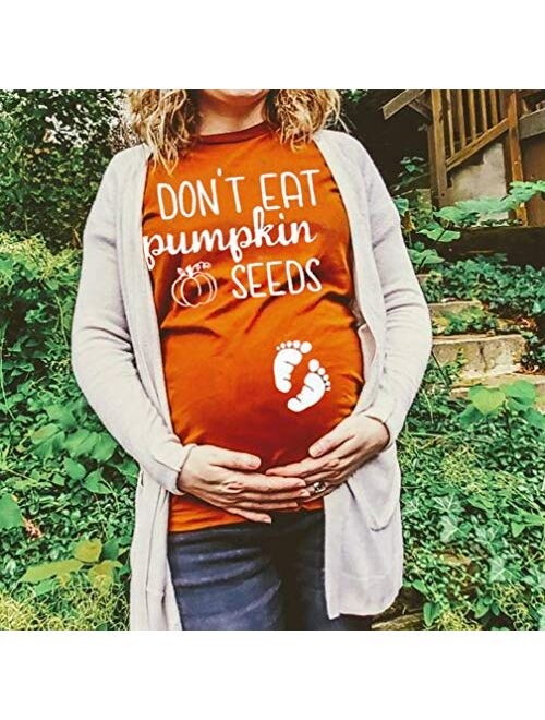 Zifota Halloween Maternity T-Shirt Women Funny Pregnancy Announcement Shirt Cute Pumpkin Baby Feet Letter Print Graphic Tops