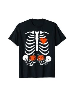 Skeleton Twins Pregnant Halloween Costume Halloween Twin Pregnant Skeleton Twins Baby Xray Rib Cage T-Shirt