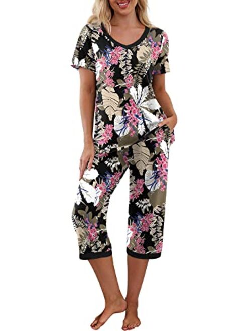 PrinStory Women's Pajama Set Short Sleeve Shirt and Capri Pants Sleepwear Pjs Sets with Pockets