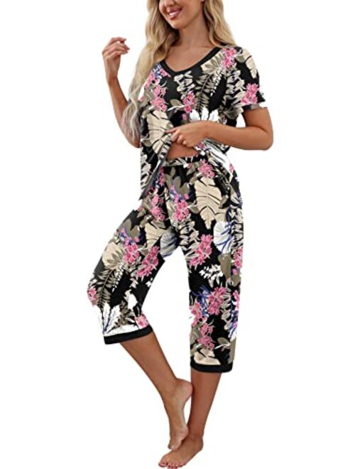 PrinStory Women's Pajama Set Short Sleeve Shirt and Capri Pants Sleepwear Pjs Sets with Pockets