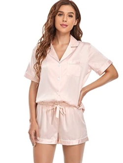 Serenedelicacy Women's Satin Pajama Set 2-Piece Sleepwear Loungewear Button Down Short Sleeve PJ Set