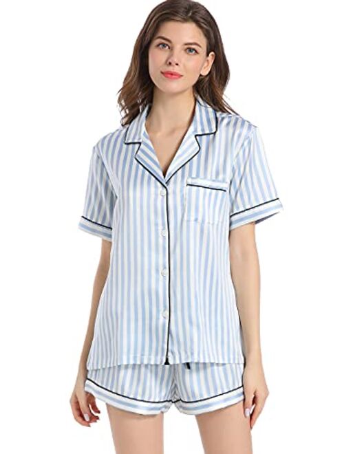 Serenedelicacy Women's Satin Pajama Set 2-Piece Sleepwear Loungewear Button Down Short Sleeve PJ Set