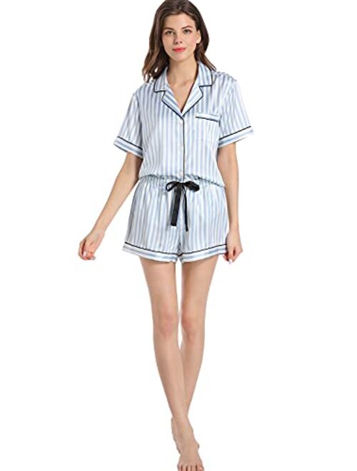 Serenedelicacy Women's Satin Pajama Set 2-Piece Sleepwear Loungewear Button Down Short Sleeve PJ Set