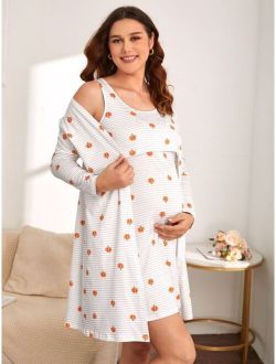 Maternity Striped & Pumpkin Print Nursing Nightdress & Robe