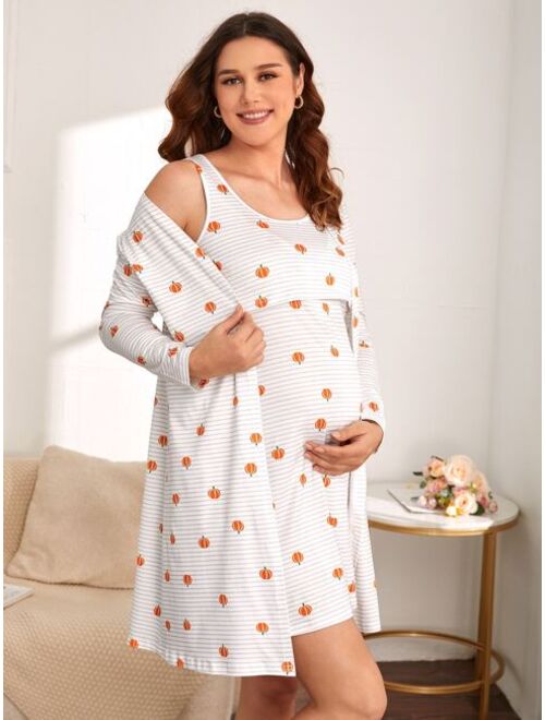 Shein Maternity Striped & Pumpkin Print Nursing Nightdress & Robe