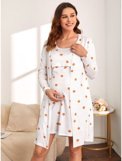 Shein Maternity Striped & Pumpkin Print Nursing Nightdress & Robe