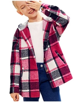 Tymidy Girls Cute Flannel Plaid Button Down Top with Pockets Long Sleeve Hooded Jacket