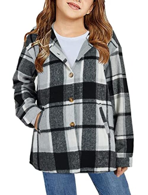 Tymidy Girls Cute Flannel Plaid Button Down Top with Pockets Long Sleeve Hooded Jacket