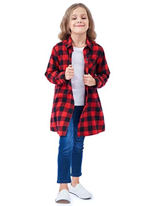 OCHENTA Girls' Long Sleeve Button Down Plaid Flannel Shirt Dress