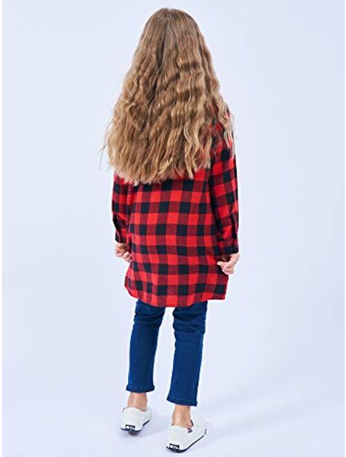 OCHENTA Girls' Long Sleeve Button Down Plaid Flannel Shirt Dress