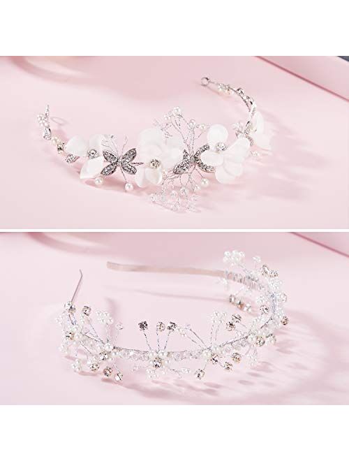 WILLBOND 2 Pieces Wedding Flower Crown Princess Wedding Headpiece Communion Veil Crystal Hair Pieces Tiara for Girls Wedding and Flower Girls