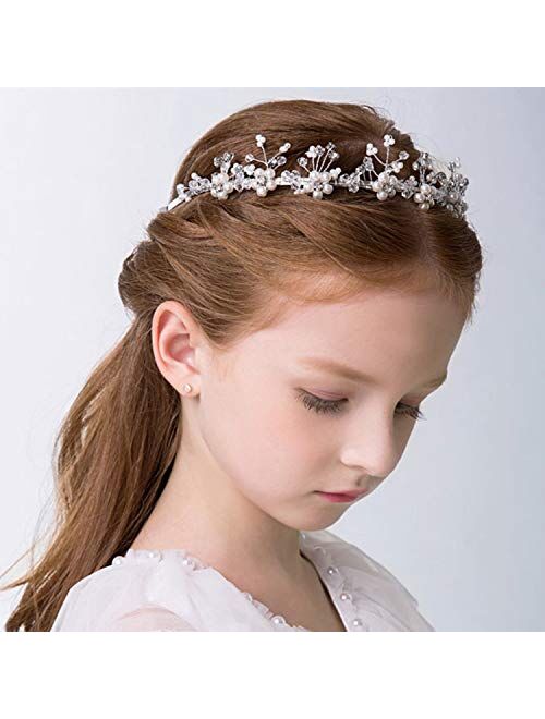 WILLBOND 2 Pieces Wedding Flower Crown Princess Wedding Headpiece Communion Veil Crystal Hair Pieces Tiara for Girls Wedding and Flower Girls