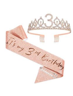 BRT Bearingshui 3rd Birthday Sash and Tiara for Girls, Rose Gold Birthday Sash Crown 3 & Fabulous Sash and Tiara for Girls, 3rd Birthday Gifts for Happy 3rd Birthday Part