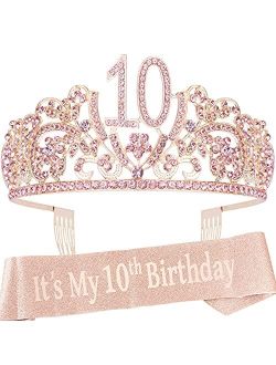 VeryMerryMakering 10th Birthday,10th Birthday Decorations for Girls,10th Birthday Tiara and Sash,10th Birthday Crown,10 Year Old Birthday Tiara and Sash,10 Bday Sash,10th