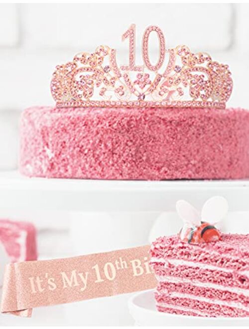 VeryMerryMakering 10th Birthday,10th Birthday Decorations for Girls,10th Birthday Tiara and Sash,10th Birthday Crown,10 Year Old Birthday Tiara and Sash,10 Bday Sash,10th