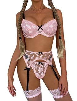 Women's 4 Piece Floral Lace Push Up Sexy Lingerie Set with Garter and Stockings