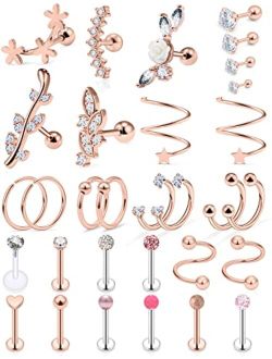 Yaalozei 31Pcs 16G Cartilage Earrings for Women Forwards Helix Earring Hoop Rook Daith Conch Tragus Earrings Stainless Steel Piercing Jewelry for Women Men