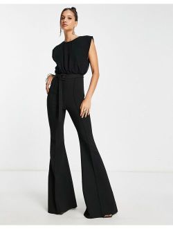 chiffon top belted flared leg jumpsuit in black