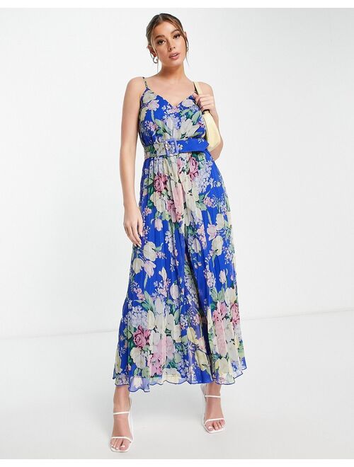 ASOS DESIGN pleated cami jumpsuit with waist belt in floral print