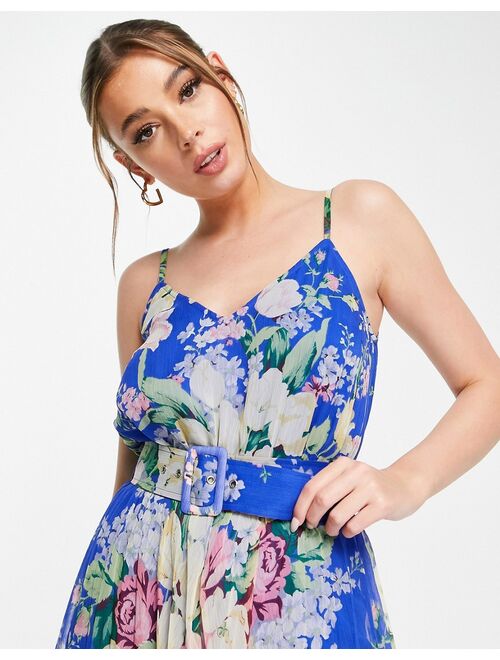 ASOS DESIGN pleated cami jumpsuit with waist belt in floral print