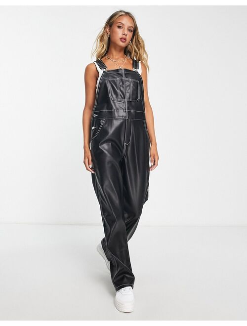 ASOS DESIGN leather look overalls in black with contrast stitch