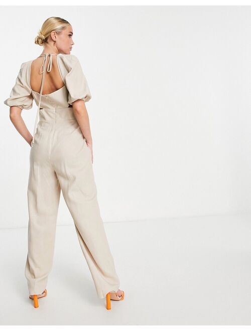 ASOS DESIGN ruched waist puff sleeve linen jumpsuit in stone