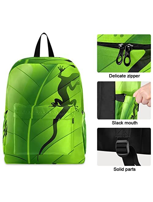 ZzWwR Lizard Gecko Shape on Green Leaf Large Portable Laptop Backpack Durable Travel Computer Bag for Men Women School Bookbag Work
