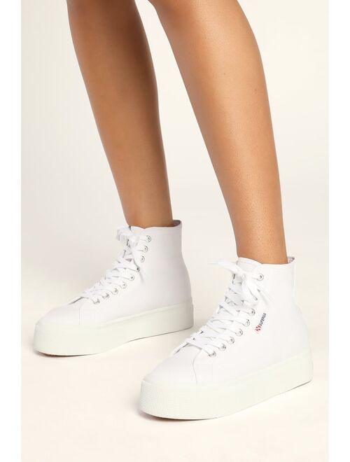 Superga 2708 Hi Top White Lace-Up Canvas Flatform Sneakers