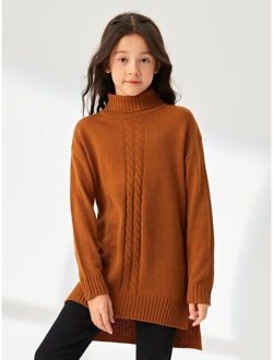 Girls Turtleneck Drop Shoulder Cable Knit Sweater Dress