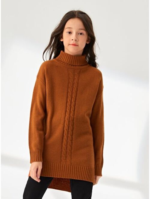 SHEIN Girls Turtleneck Drop Shoulder Cable Knit Sweater Dress