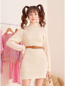 Teen Girls Turtleneck Ribbed Knit Sweater Dress Without Belt