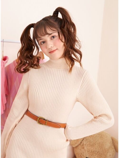 SHEIN Teen Girls Turtleneck Ribbed Knit Sweater Dress Without Belt