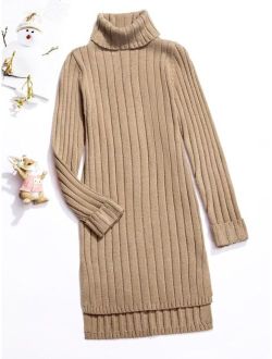 Girls Turtle Neck High Low Ribbed Knit Sweater Dress