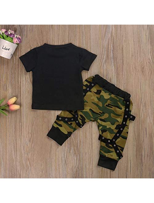 Madjtlqy Toddler Baby Boy Girl Camo Pants Clothes Short Sleeve Letter Printed Tee T-Shirt 2pcs Camouflage Outfits Set