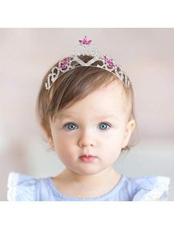 SWEETV Baby Girls 1st Birthday Tiara Headband, Pink Infant First Birthday Crown Party Hat, Rhinestone Princess Hairband for Kids