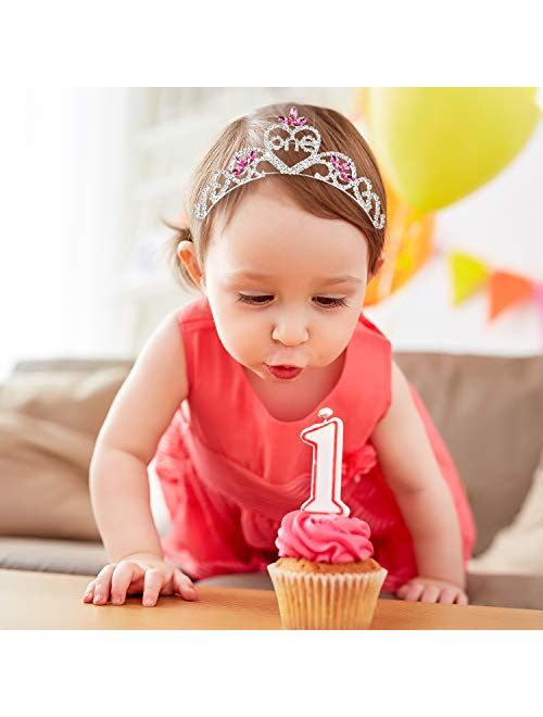 SWEETV Baby Girls 1st Birthday Tiara Headband, Pink Infant First Birthday Crown Party Hat, Rhinestone Princess Hairband for Kids