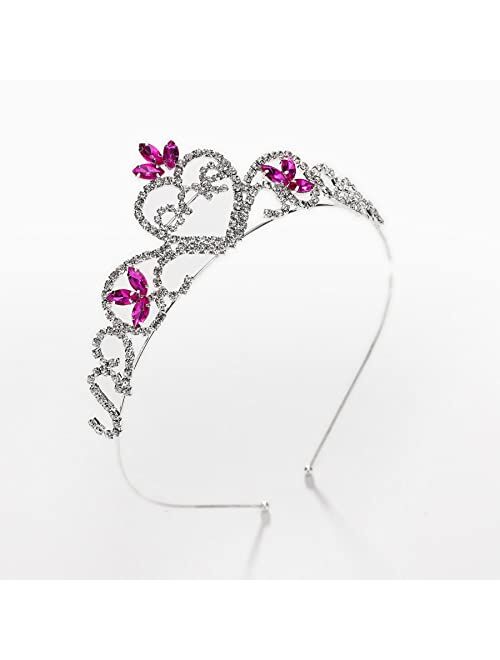 SWEETV Baby Girls 1st Birthday Tiara Headband, Pink Infant First Birthday Crown Party Hat, Rhinestone Princess Hairband for Kids
