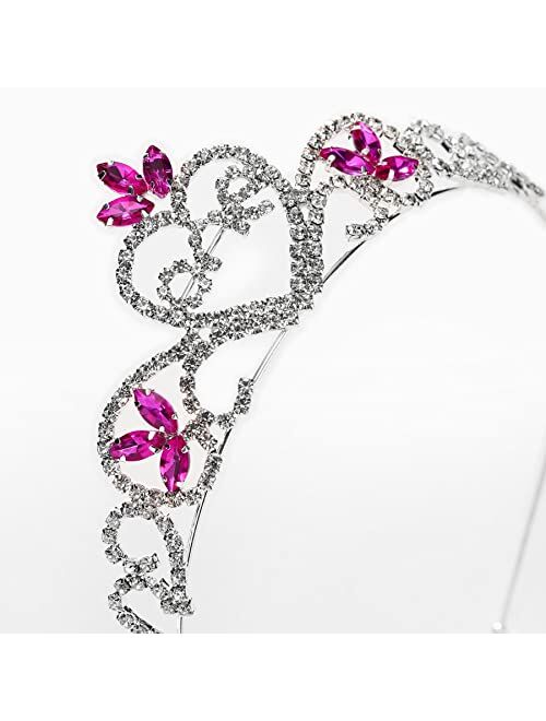 SWEETV Baby Girls 1st Birthday Tiara Headband, Pink Infant First Birthday Crown Party Hat, Rhinestone Princess Hairband for Kids