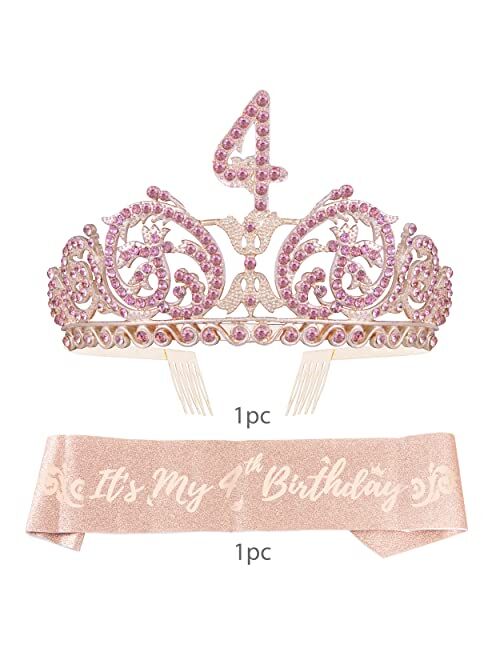 DORADREAMDEKO 4th Birthday, 4th Birthday Decorations for Girls, 4th Birthday Gift,4th Birthday Gifts for Girls, 4th Birthday Tiara and Sash, 4th Birthday Tiara and Sash P