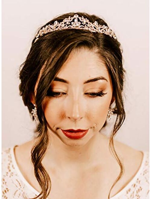 SWEETV Rose Gold Wedding Tiara for Bride & Flower Girls, Rhinestone Princess Tiara Headband Birthday Crown, Bridal Hair Accessories for Women