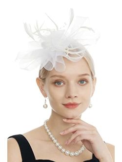 Myjoyday Women's Fascinators Hat for Tea Party Church Cocktail, Feathers Veil Headband with Hair Clip