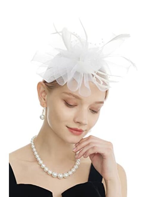 Myjoyday Women's Fascinators Hat for Tea Party Church Cocktail, Feathers Veil Headband with Hair Clip