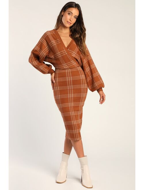 Lulus Plaid Your Love Brown Dolman Sleeve Bodycon Midi Sweater Dress