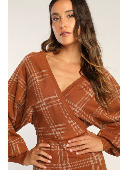 Lulus Plaid Your Love Brown Dolman Sleeve Bodycon Midi Sweater Dress