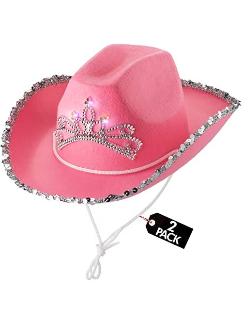 Bedwina Pink Cowgirl Hat for Kids - (Pack of 2) Cow Girl Hat with Light-Up Blinking Tiara w/Sequin Trim Fringe and Adjustable Drawstring, Felt Cowboy Hats for Costume Par