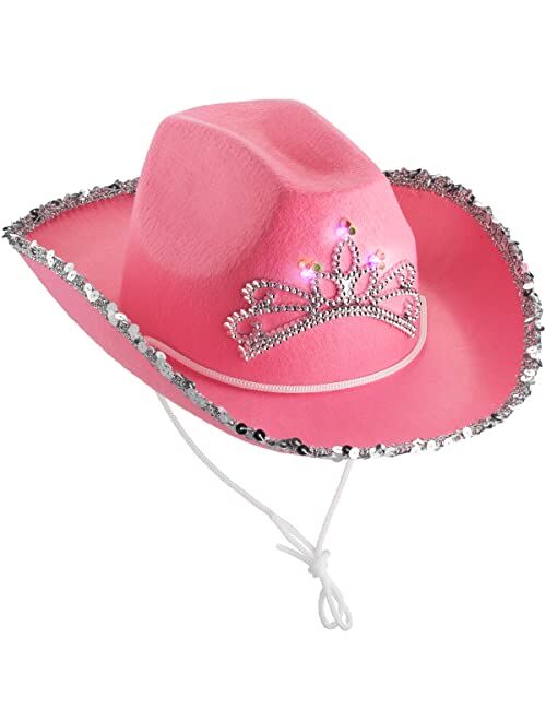 Bedwina Pink Cowgirl Hat for Kids - (Pack of 2) Cow Girl Hat with Light-Up Blinking Tiara w/Sequin Trim Fringe and Adjustable Drawstring, Felt Cowboy Hats for Costume Par