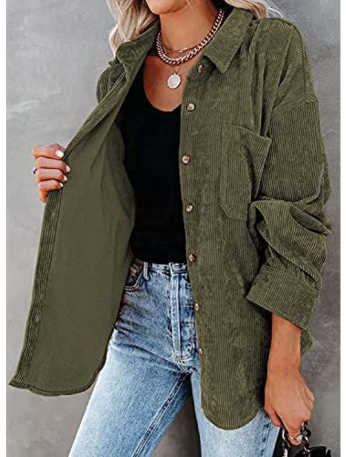 Beaully Women's Corduroy Button Down Pocket Shirts Casual Long Sleeve Oversized Blouses Tops
