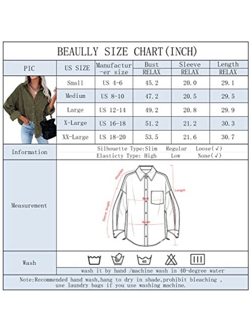 Beaully Women's Corduroy Button Down Pocket Shirts Casual Long Sleeve Oversized Blouses Tops