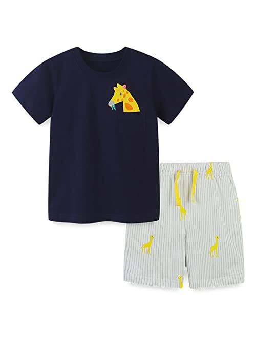 REWANGOING Little Boys Kids Summer Cotton Dinosaur Aircraft Truck Print Tee and Shorts Set Outfits Clothing Sets 2-7T